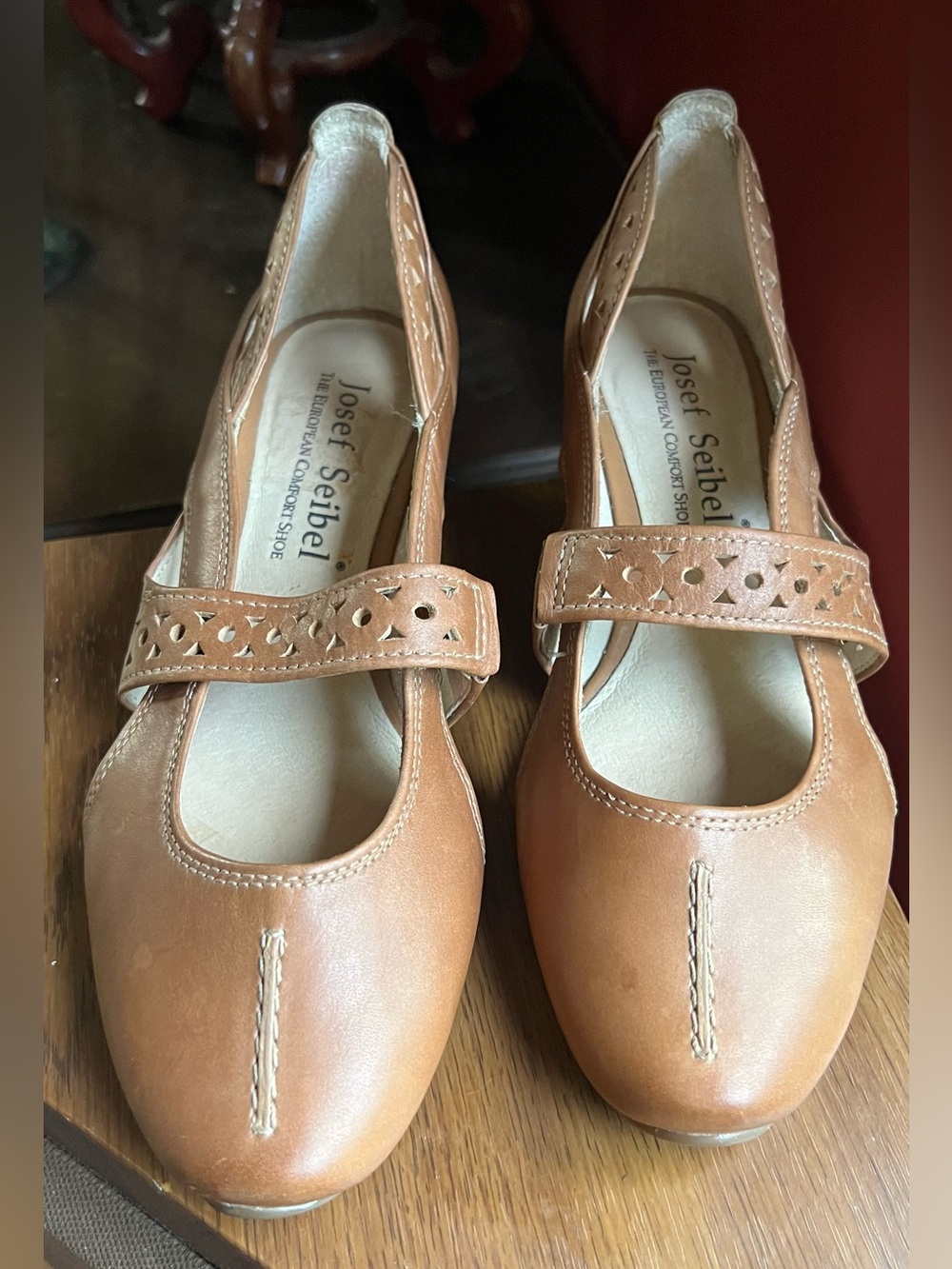 Josef Seibel Tina Tan Brown Leather Mary Jane Slip On Heels Size 37 7 EUC